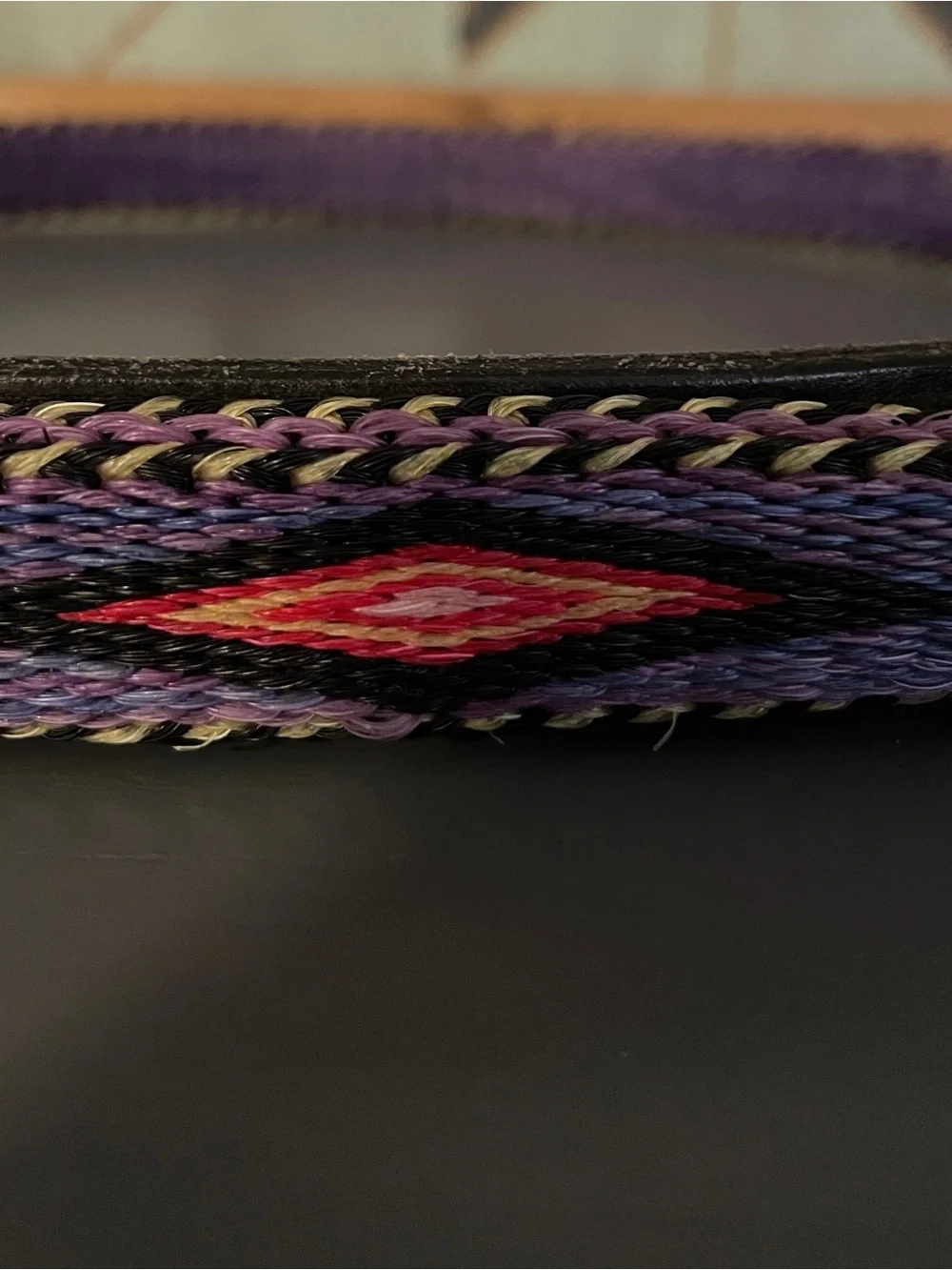 Vintage Hitched Horsehair Belt Purple Vibrant Diamond Pattern Tooled Leather 36